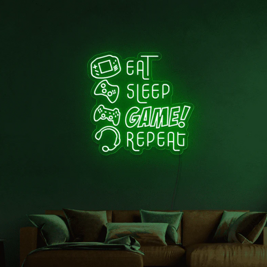 EAT-SLEEP-GAME-REPEAT with EMOJIS- Neon Sign 48 by 36 Inches